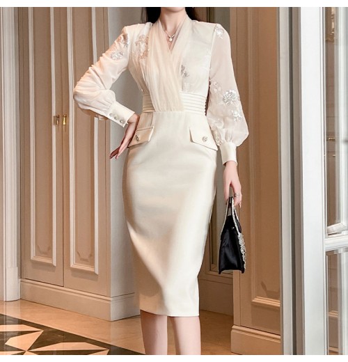 ZYHT 51135 New Collection of Women XL Dresses Chic High Waist Sequin Formal Office Pencil Long Sleeve Dresses Lady Elegant