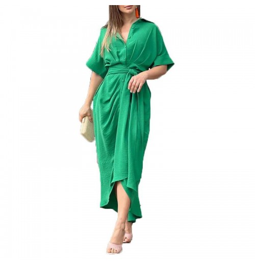 Women's Clothing new 2024 Summer women lapel mid length short sleeve single breasted high waisted shirtdress ladies dresses