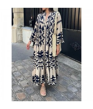 Women's Comfortable and Classic Fall Style Printed Long Dresses with Loose Pullover Leisure Commute out Skirts