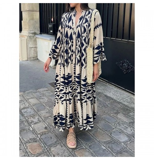 Women's Comfortable and Classic Fall Style Printed Long Dresses with Loose Pullover Leisure Commute out Skirts