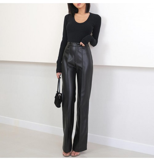 Fashion Straight Leg Pants Casual Loose Women's Trousers Black Genuine Leather Pants